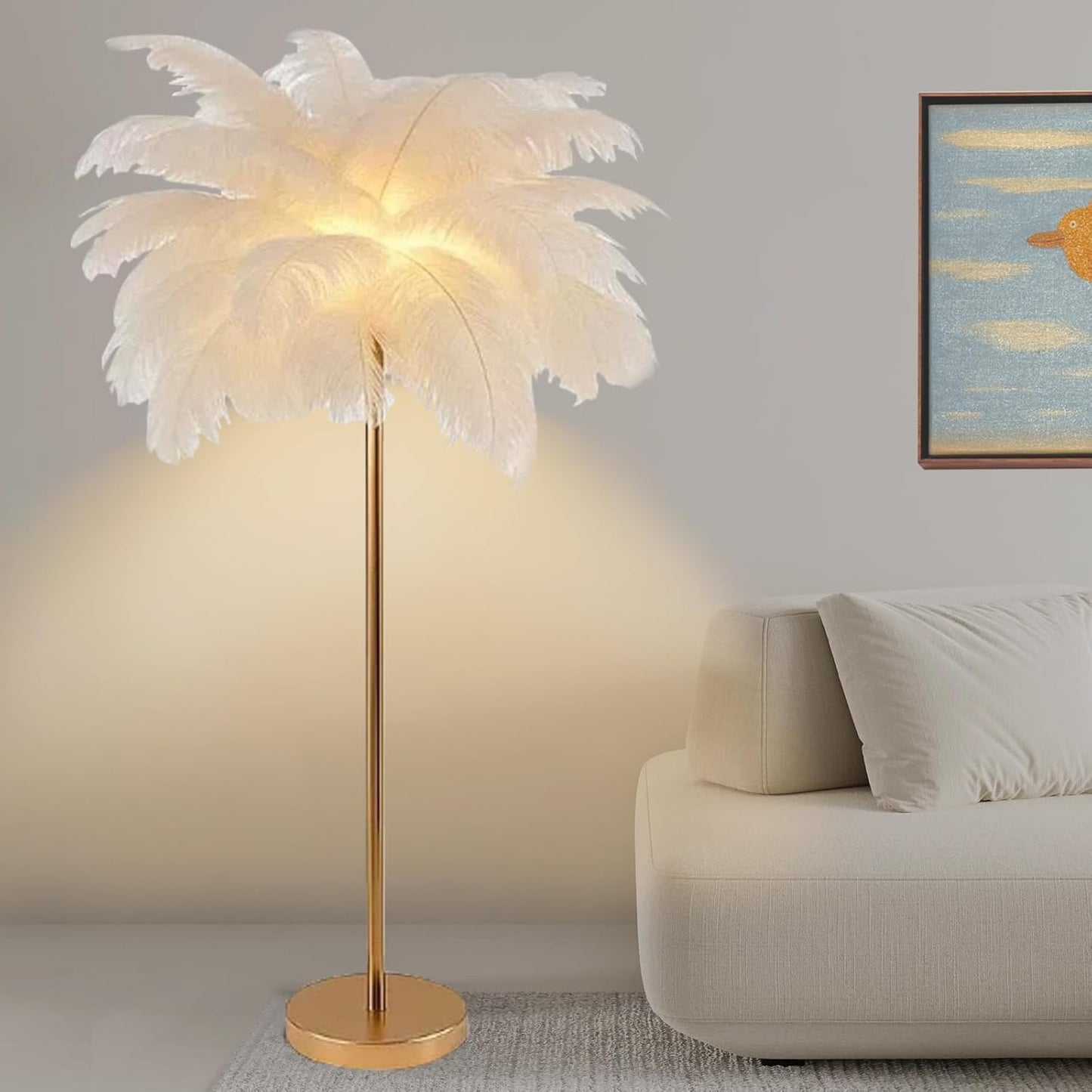 Lampada da terra con piume di struzzo – Design moderno, 3 tonalità di luce – Oro Rosa, 160 cm