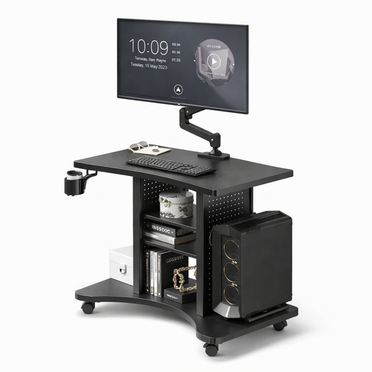 Scrivania Regolabile in Altezza con Ruote e Portaoggetti – Postazione Sit-Stand Mobile