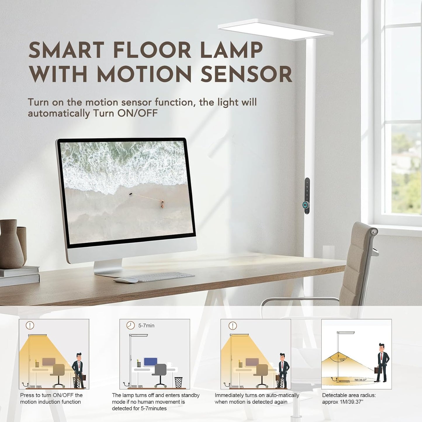 Lampada da terra LED 120W con Sensore di Movimento – Luce Spettro Completo 10500 lm, 4000K Luce Diurna